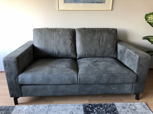 Leren 2-zits bank met stalen poten - blauw leer