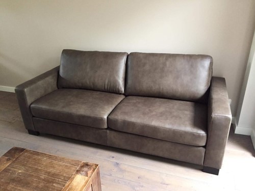 Leren 3-zits bank met houten poten - grijs/bruin leer