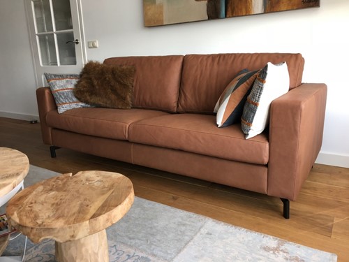 Leren 3-zits bank met stalen poten - bruin leer