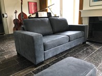 Leren 3-zits bank met houten poten - blauw leer