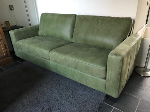 Leren 3-zits bank met houten poten - groen leer