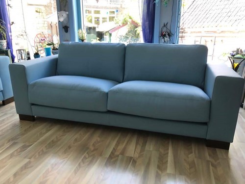 Leren 3-zits bank met houten poten - blauw leer