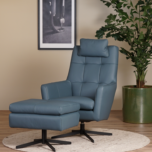 Leren draaifauteuil Central - Toledo Leer Whale + hocker en nekkussen
