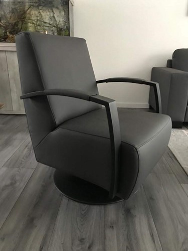Leren draaifauteuil met stalen frame en schotelvoet - grijs leer