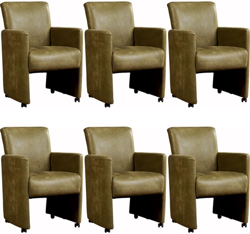 Leren eetkamerfauteuil Elegant met armleuning en wieltjes - set van 6 stoelen