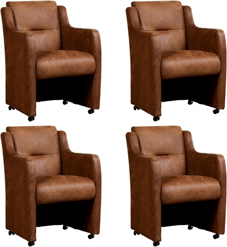 Leren eetkamerfauteuil Mass met armleuning en wieltjes - set van 4 stoelen