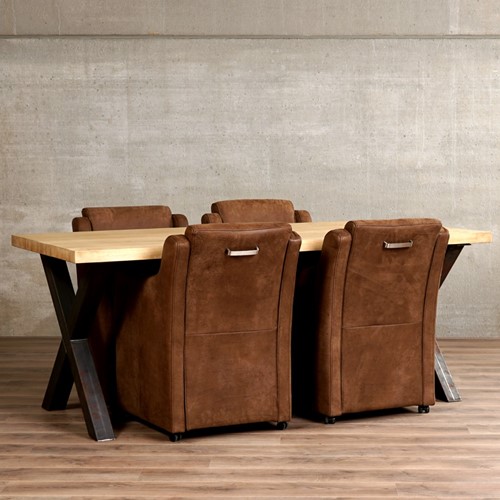 Set van 4 leren eetkamerfauteuils - met armleuning en wieltjes - bruin leer