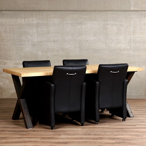 Set van 4 leren eetkamerfauteuils - met armleuning en wieltjes - blauw leer