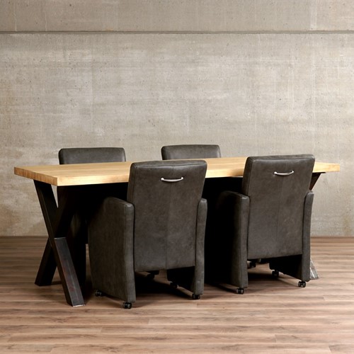Set van 4 leren eetkamerfauteuils - met armleuning en wieltjes - grijs leer