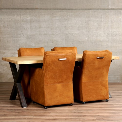 Set van 4 leren eetkamerfauteuils - met armleuning en wieltjes - bruin leer