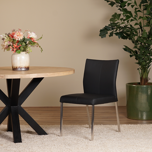 Set van 6 zwarte leren eetkamerstoelen Basic Toledo Leer Nero poot RVS