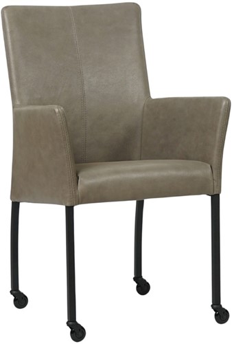 Leren eetkamerstoel Comfort - met wieltjes en armleuning - Vintage Stone - Vorm poot rond - Kleur poot, zwart - Skate wiel zwart