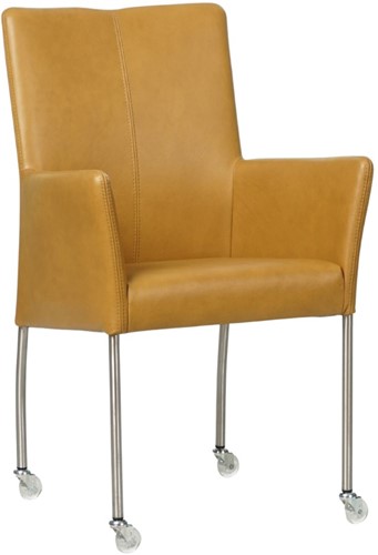 Leren eetkamerstoel Comfort - met wieltjes en armleuning - Granada Amber - Vorm poot rond - Kleur poot, RVS - Skate wiel transparant