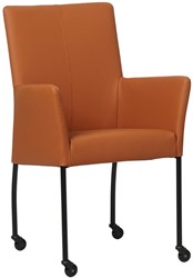 Leren eetkamerstoel Comfort - met wieltjes en armleuning - Hermes Leer Cognac - Poot - Rond - Zwart - Skate wiel zwart