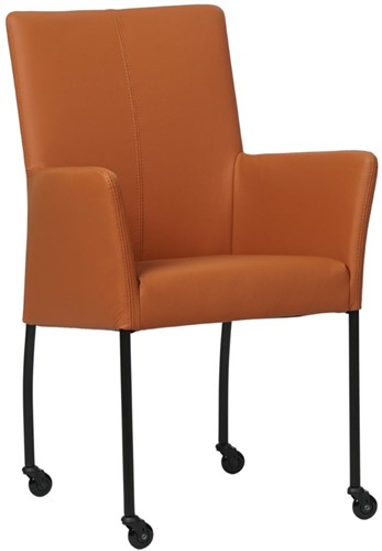 Leren eetkamerstoel Comfort - met wieltjes en armleuning - Hermes Leer Cognac - Poot - Rond - Zwart - Skate wiel zwart