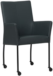 Leren eetkamerstoel Comfort - met wieltjes en armleuning - Hermes Leer Ocean Blue - Poot - Rond - Zwart - Skate wiel zwart