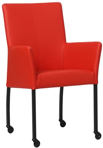 Leren eetkamerstoel Comfort - met wieltjes en armleuning - Toledo Leer Ferrari - Poot - Vierkant - Zwart - Skate wiel zwart