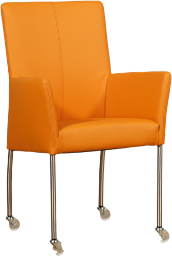 Leren eetkamerstoel Comfort - met wieltjes en armleuning - Toledo Leer Mandarin - Poot - Rond - RVS - Skate wiel transparant