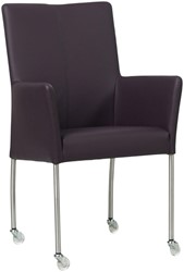 Leren eetkamerstoel Comfort - met wieltjes en armleuning - Toledo Leer Merlin - Poot - Rond - RVS - Skate wiel transparant