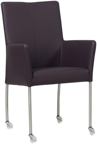 Leren eetkamerstoel Comfort - met wieltjes en armleuning - Toledo Leer Merlin - Poot - Rond - RVS - Skate wiel transparant