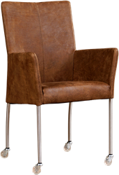 Leren eetkamerstoel Comfort - met wieltjes en armleuning - Kenia Leer Brown - Poot - Rond - RVS - Skate wiel transparant