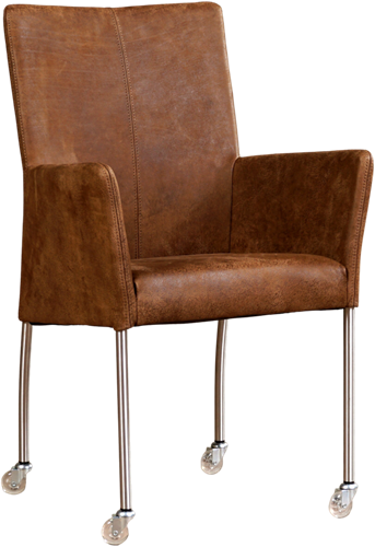 Leren eetkamerstoel Comfort - met wieltjes en armleuning - Kenia Leer Brown - Poot - Rond - RVS - Skate wiel transparant