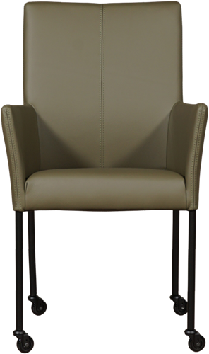 Leren eetkamerstoel Comfort - met wieltjes en armleuning - Toledo leer Olive - Vorm poot rond - Kleur poot, zwart - Skate wiel zwart-2