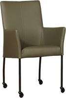 Leren eetkamerstoel Comfort - met wieltjes en armleuning - Toledo leer Olive - Vorm poot rond - Kleur poot, zwart - Skate wiel zwart