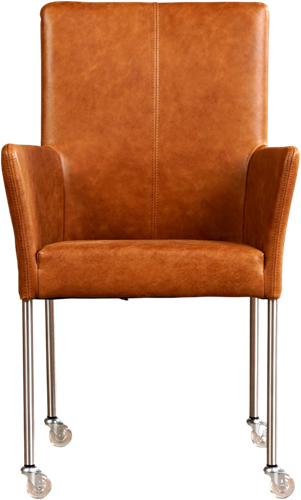 Leren eetkamerstoel Comfort - met wieltjes en armleuning - Vintage Leer Cognac - Poot - Rond - RVS - Skate wiel transparant-2
