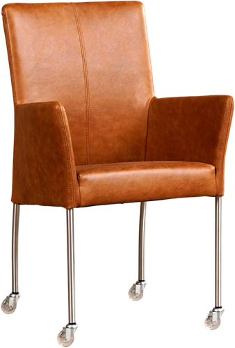 Leren eetkamerstoel Comfort - met wieltjes en armleuning - Vintage Leer Cognac - Poot - Rond - RVS - Skate wiel transparant