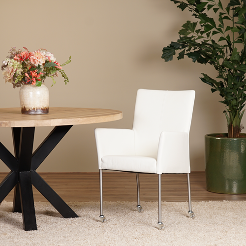 Set van 2 leren eetkamerstoelen Comfort - met wieltjes en armleuning - Toledo Leer Bianco - Poot - Rond - RVS - Skate wiel transparant
