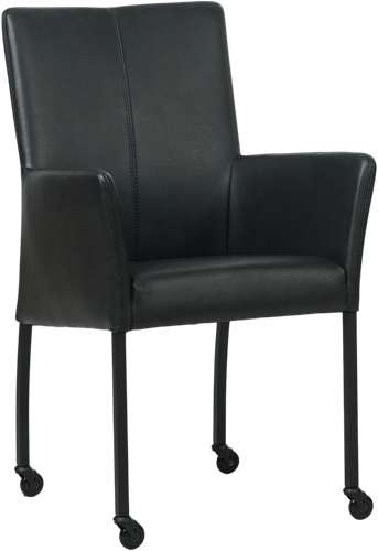 Leren eetkamerstoel Comfort - met wieltjes en armleuning - Granada leer Black - Vorm poot rond - Kleur poot, zwart - Skate wiel zwart
