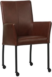 Leren eetkamerstoel Comfort - met wieltjes en armleuning - Granada leer Cognac - Poot - Vierkant - Zwart - Skate wiel zwart