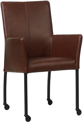 Leren eetkamerstoel Comfort - met wieltjes en armleuning - Granada leer Cognac - Poot - Vierkant - Zwart - Skate wiel zwart