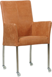 Leren eetkamerstoel Comfort - met wieltjes en armleuning - Kenia Leer Rost - Poot - Vierkant - RVS - Skate wiel transparant