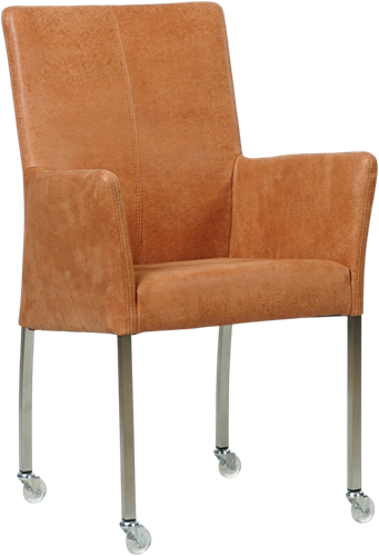 Leren eetkamerstoel Comfort - met wieltjes en armleuning - Kenia Leer Rost - Poot - Vierkant - RVS - Skate wiel transparant