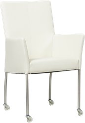 Leren eetkamerstoel Comfort - met wieltjes en armleuning - Toledo Leer Bianco - Poot - Vierkant - RVS - Skate wiel transparant