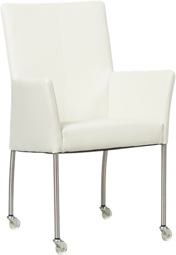 Leren eetkamerstoel Comfort - met wieltjes en armleuning - Toledo Leer Bianco - Poot - Vierkant - RVS - Skate wiel transparant