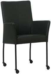 Leren eetkamerstoel Comfort - met wieltjes en armleuning - Toledo Leer Nero - Poot - Rond - Zwart - Skate wiel zwart