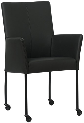 Leren eetkamerstoel Comfort - met wieltjes en armleuning - Toledo Leer Nero - Poot - Rond - Zwart - Skate wiel zwart