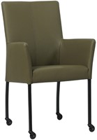 Leren eetkamerstoel Comfort - met wieltjes en armleuning - Toledo leer Olive - Vorm poot vierkant - Kleur poot, zwart - Skate wiel zwart