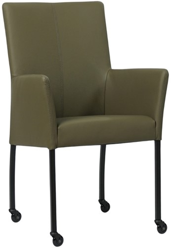 Leren eetkamerstoel Comfort - met wieltjes en armleuning - Toledo leer Olive - Vorm poot vierkant - Kleur poot, zwart - Skate wiel zwart