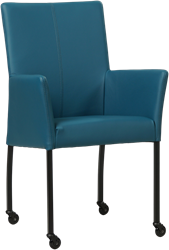Leren eetkamerstoel Comfort - met wieltjes en armleuning - Toledo Leer Turquoise - Poot - Vierkant - Zwart - Skate wiel zwart