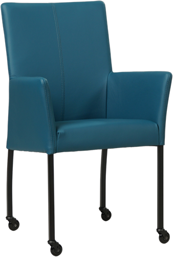 Leren eetkamerstoel Comfort - met wieltjes en armleuning - Toledo Leer Turquoise - Poot - Vierkant - Zwart - Skate wiel zwart