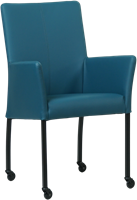 Leren eetkamerstoel Comfort - met wieltjes en armleuning - Toledo Leer Turquoise - Poot - Rond - Zwart - Skate wiel zwart