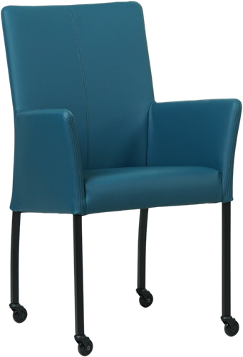 Leren eetkamerstoel Comfort - met wieltjes en armleuning - Toledo Leer Turquoise - Poot - Rond - Zwart - Skate wiel zwart