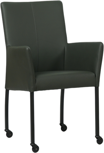 Leren eetkamerstoel Comfort - met wieltjes en armleuning - Toledo Leer Verde - Poot - Vierkant - Zwart - Skate wiel zwart
