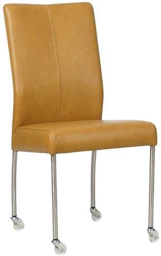 Leren eetkamerstoel Comfort - met wieltjes en zonder armleuning - Granada Amber - Vorm poot rond - Kleur poot, RVS - Skate wiel transparant