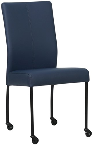 Leren eetkamerstoel Comfort - met wieltjes en zonder armleuning - Hermes Leer Kobalt - Poot - Rond - Zwart - Skate wiel zwart