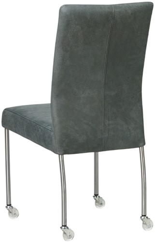Leren eetkamerstoel Comfort - met wieltjes en zonder armleuning - Kenia Leer Denim - Poot - Rond - RVS - Skate wiel transparant-3